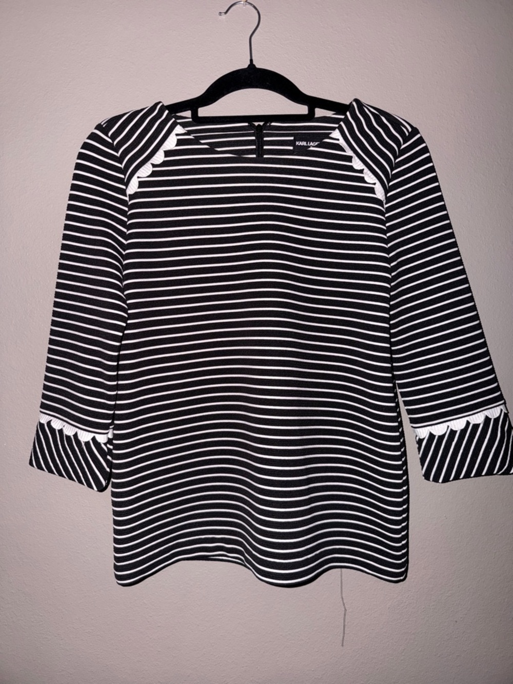 Karl Lagerfeld Black & White Striped Scalloped-Trim Top